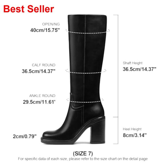 Knee High Boots Wide Calf Leather Square Toe Platform Chunky Heel Half Zip - Picture 4 of 6